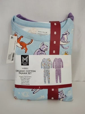 New Organic Cotton Pajama Set of 2 Child Size 8 yo Members Mark Cats & Stars - Image 1 of 4