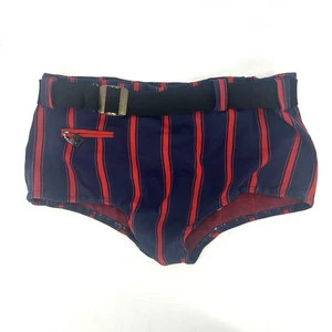 1960s Swim trunks Red blue stripe swimming shorts belted nylon Mens Medium W34 - Picture 1 of 10