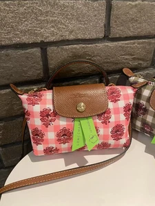 Longchamp Shoulder Bag Pliage XS Mini Bag Pink Brown Handbag Checkered Flower - Picture 1 of 12