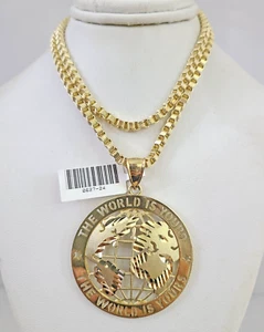 10k Gold Byzantine Necklace World Is Yours Charm 20-30 inch 3mm Pendant SET - Picture 1 of 7