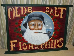 Handcrafted wooden ' OLDE SALT FISH & CHIPS ' sign. Vivid colors ! 25 1/2 x 18 " - Picture 1 of 5