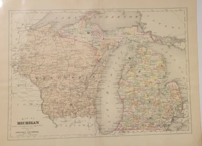 Antigua placa de cobre mapa coloreado a mano Michigan Wisconsin Johnson Cyclopaedia 1897 Foto 1 de 4