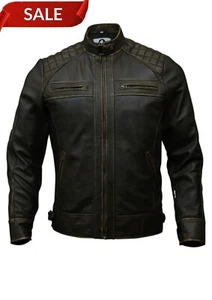 Mens Cafe Race Vintage Distressed 100% Real Leather Jacket Slim Fit Biker Jacket - Picture 1 of 6