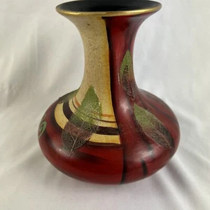 Decorative Vase Squat Bottom Red Beige 6” Textured Leaf Appliques - Picture 1 of 6