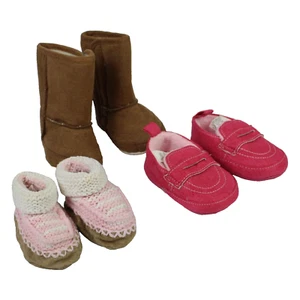 Lot of 3 Baby Shoes Pink Knit Bootie Moccasins, Pink Loafers, Brown Boots Size M - Picture 1 of 4