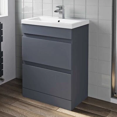 600mm Bathroom Vanity Unit Basin Storage 2 Drawer Cabinet Furniture Grey Gloss - Image 1 of 4