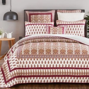 Bohemian Moroccan Rubies Paisley Cotton Bedspread Patchwork Quilt Set Cal King - Picture 1 of 7