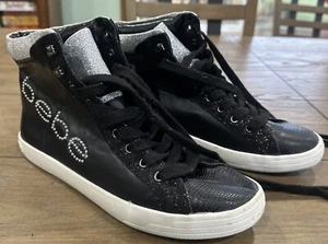 Retro Bebe DAYRA Black Fashion Sneakers Logo Silver Sparkle Womens Shoes *US 10 - Picture 1 of 12