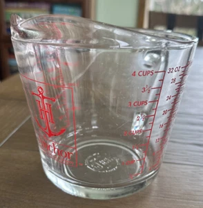 Vtg 80's 4 Cup Measuring Anchor Hocking Clear Glass Red 32oz Quart Liter Spout - Picture 1 of 8