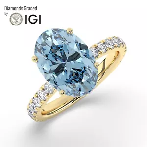 Oval Solitaire 18K Yellow Gold Vivid Blue Engagement Ring, 6 ct, Lab-grown IGI - Picture 1 of 17