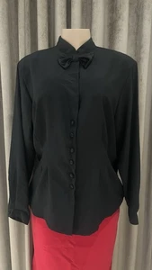 Womens Oscar De La Renta Expressions Blouse 10 Shoulder Pads Bow Size 14 Vintage - Picture 1 of 10