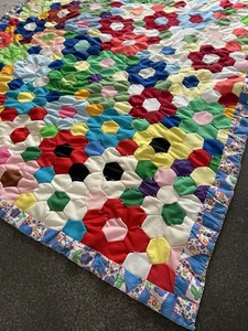 Antique Vintage Grandmother's Flower Garden Quilt Hand-Stitched Multicolor Crazy - Picture 1 of 12