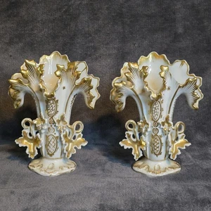 Pair of Antique Old Paris Porcelain Hand Painted Floral & Gilt Spill Vases c1880 - Picture 1 of 7