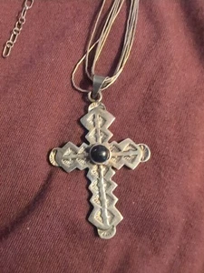 Vintage Taxco Mexiko Sterlingsilber Multi - Kette Onyx Kreuz Halskette - Bild 1 von 3