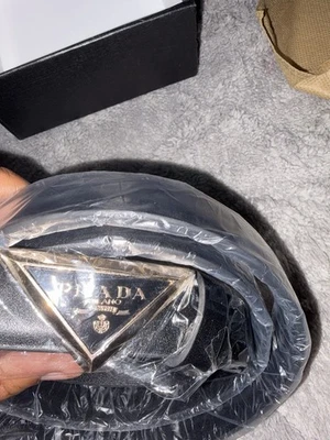 Prada Saffiano Women Black Gold Emblematic Triangle Logo 110cm Leather Belt - Image 1 of 4