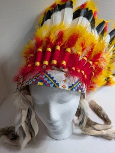 Imitation Native American War Bonnet Headdress Red Yellow White Beading Feathers - Picture 1 of 8