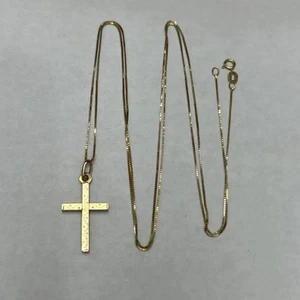 14K Solid Yellow Gold Box Link Chain Necklace With Cross Pendant - Picture 1 of 7