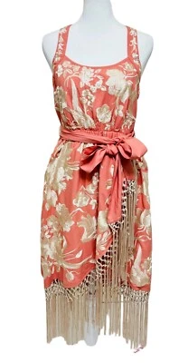 Anthropologie 0P Lucille dress pink cream floral embroidered fringed tie waist - Image 1 of 4