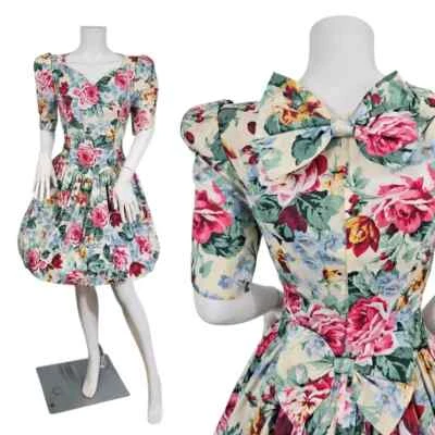 Vestido Cottagcore Años 80 Jessica McClintock Estampado Floral Pastel Manga Abullonada Talla S Foto 1 de 4