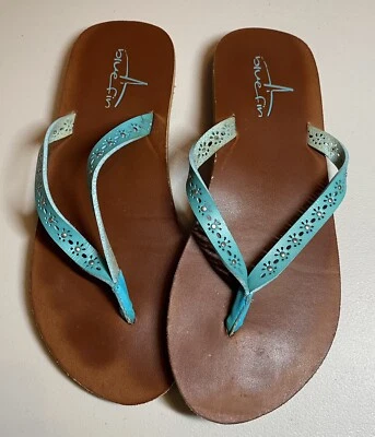 Blue Fin Flip Flops, Brown & Teal, size 7 - Image 1 of 4