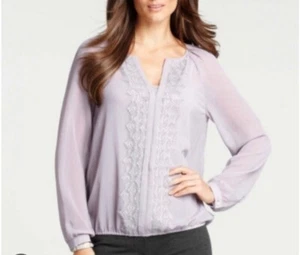 Ann Taylor Womens Sheer Blouse Sz XS Lavender Purple Lace V-Neck Long Sleeve Y2K - Picture 1 of 19