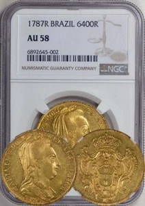 BRAZIL Maria I 1787-R GOLD 6400 Reis (Peca), NGC AU-58 Condition. Luster! - Picture 1 of 1