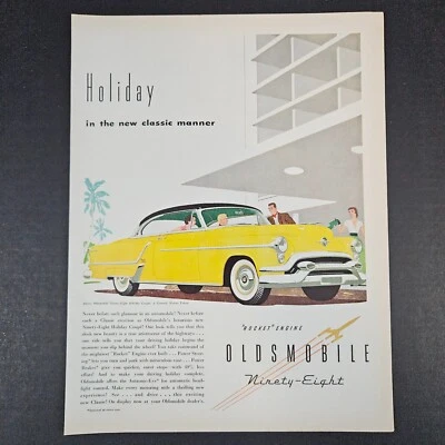 1953 Rocket Engine Oldsmobile Ninety-Eight Vintage Print Ad Yellow Holiday Coupe - Image 1 of 4