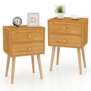 2PCS Mid-century Modern Nightstand w/ 2 Drawers Solid Wood Support Legs - Picture 1 of 7