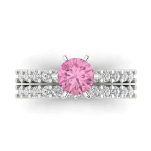 Anello fascia pietra rosa pavè taglio tondo 3,0 ct set da sposa oro bianco massiccio 14 kt - Foto 1 di 5