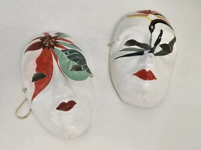 Antiga 2 máscaras de papel machê pintadas à mão estilo veneziano decoração carnaval mardi gras - Imagem 1 de 4