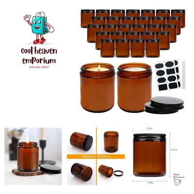 8oz Amber Candle Jars Set of 30,Round Glass Jars with Black Lids,Empty ml Gla... - Image 1 of 4