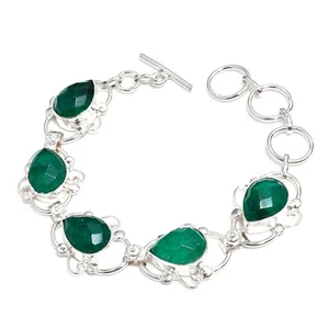 Green Jadeite Gemstone Handmade 925 Sterling Silver Jewelry Bracelet Size 7-8" - Picture 1 of 1
