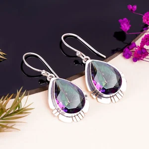 Rainbow Mystic Fire Topaz Gemstone 925 Sterling Silver Earring, Elegant Earring - Picture 1 of 4