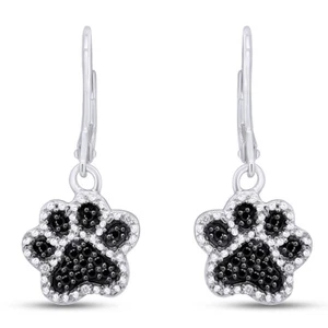 1/6ct Natural Diamond Paw Print Dangle Earrings 14K White Gold Plated Sterling - Picture 1 of 6