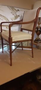 CLASSIC HICKORY FURNITURE CO BAMBOO LEGS MAHOGANY ARM CHAIR GREEK KEY UPHOLSTERY