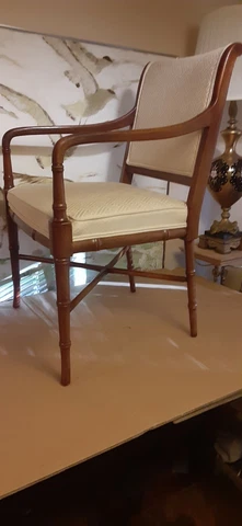 CLASSIC HICKORY FURNITURE CO BAMBOO LEGS MAHOGANY ARM CHAIR GREEK KEY UPHOLSTERY Cover