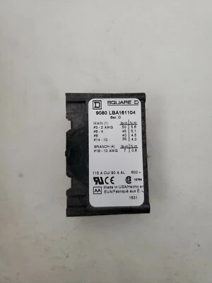 NEW SQUARE D 9080-LBA161104 POWER DISTRIBUTION BLOCK 115A 115 AMP 600V 600 VOLT - Image 1 of 3