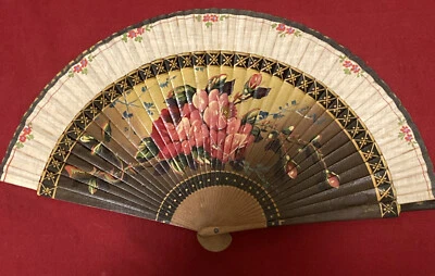 Vtg Hand Held Hand Painted Gold Highlights Wooden Fabric BRIGHT COLORS - Image 1 of 4