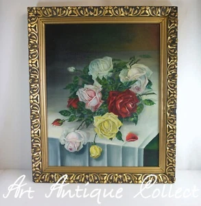 Pintura al óleo rosas bodegón pintura lienzo enmarcado 1937 monograma LJ 37 - Imagen 1 de 7