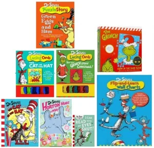 NEU Wählen Sie Dr. Seuss der Grinch Aktivität PUZZLE AUFKLEBER SCHNÜRKARTEN Katze mit Hut - Bild 1 von 35