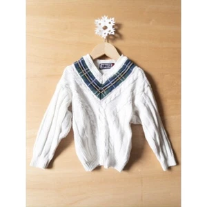 Vintage Express Boys Cable Knit Sweater V-Neck Plaid Trim Preppy Style Size M - Picture 1 of 5