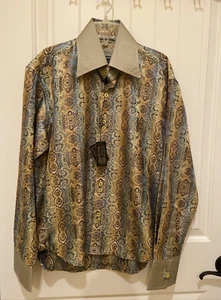 Vintage Biani Of Italy Kleid Hemd Französische Bündchen Langarm Salbei Geometrisch M - Bild 1 von 7