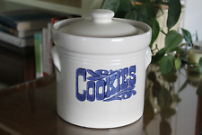 Pfaltzgraff Lidded Stoneware Cookie Crock Canister w/Blue Floral and Lettering