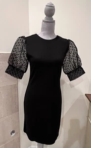 Modcloth Knit Shimmer Black Dress Sheer Polka Dot Short Puff Sleeve Sz M - Picture 1 of 10