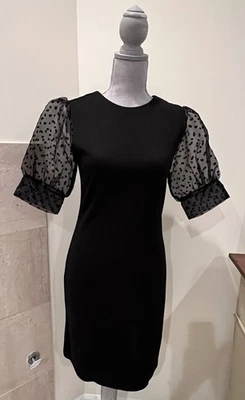 Modcloth Knit Shimmer Black Dress Sheer Polka Dot Short Puff Sleeve Sz M - Image 1 of 4