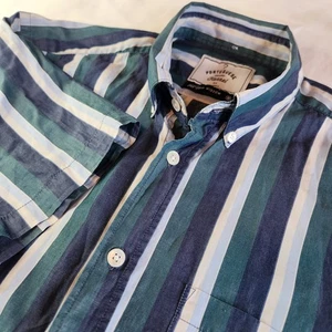 Portugiesisches Flanell Button Down Hemd Herren Medium Kurzarm gestreift blau grün - Bild 1 von 6