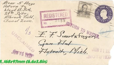 1937 Canal Zone Registered Cover to Detroit Unclaimed Returned Mixed Franking - Image 1 of 3