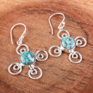 Blue Copper Turquoise Gemstone 925 Sterling Silver Earring Handmade jewelry - Picture 1 of 3