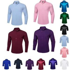 Mens Blue White Dress Shirts Designer Men Shirt Silk Long Sleeve Geometric - Picture 1 of 63