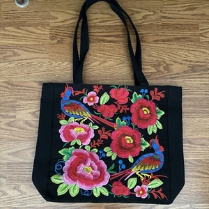 Beautiful Floral Embroidered W/Birds On Top & bottom Corner Large Tote Bag - Picture 1 of 13
